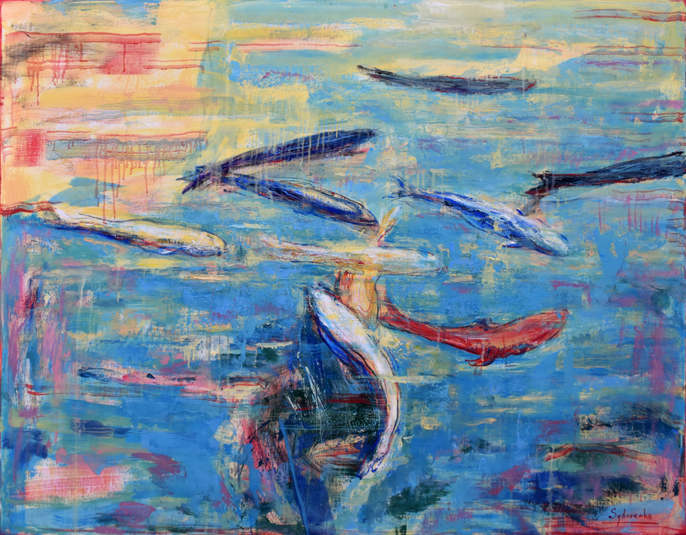 «Bassin à poissons», huile sur toile, 120x100 cm, 2025