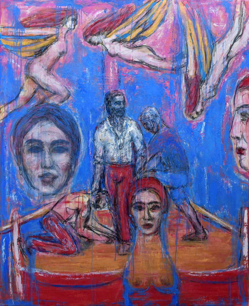 «Ulysse et Sirénes», huile sur toile, 150x120 cm, 2025. «Ulysse passe au large des Sirènes, il bouche les oreilles de ses compagnons et se fait ligoter au mât pour résister à l’attrait de leur chant. Elles n’ont pas l’air de dire grand-chose pourtant : « Viens ici, Ulysse tant vanté, honneur de l’Achaïe… » (chant XII). Mais les mots qui décrivent Ulysse « lié dans un lien douloureux, planté là au sol droit sur l’emplanture » (chant XII)». Être soi-même – Les sirénes (Ulysse, modèle de l’Être). L’Odyssée au Louvre : Un roman graphique, Barbara Cassin.