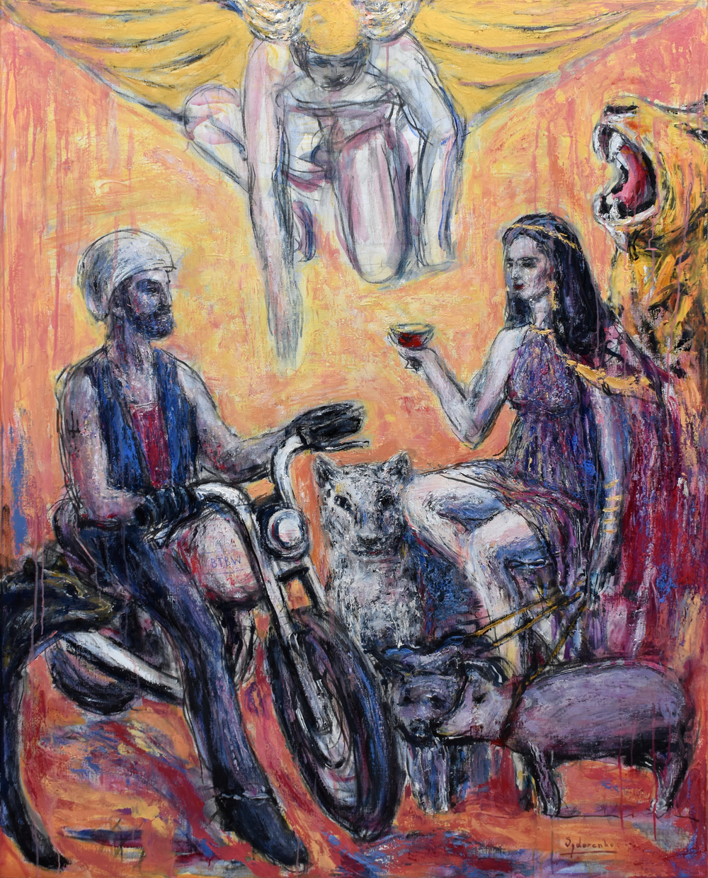 «Ulysse arrive chez Circé», huile sur toile, 150x120 cm, 2025. «Ulysse est le seul que la sorcière Circé ne parvient pas à changer en cochon. C’est qu’il a reçu l’aide d’Hermès qui lui a montré un contrepoison, une herbe appelée phusis chez les hommes, molu chez les dieux (chant X).» Parler – Circé. L’Odyssée au Louvre : Un roman graphique, Barbara Cassin.