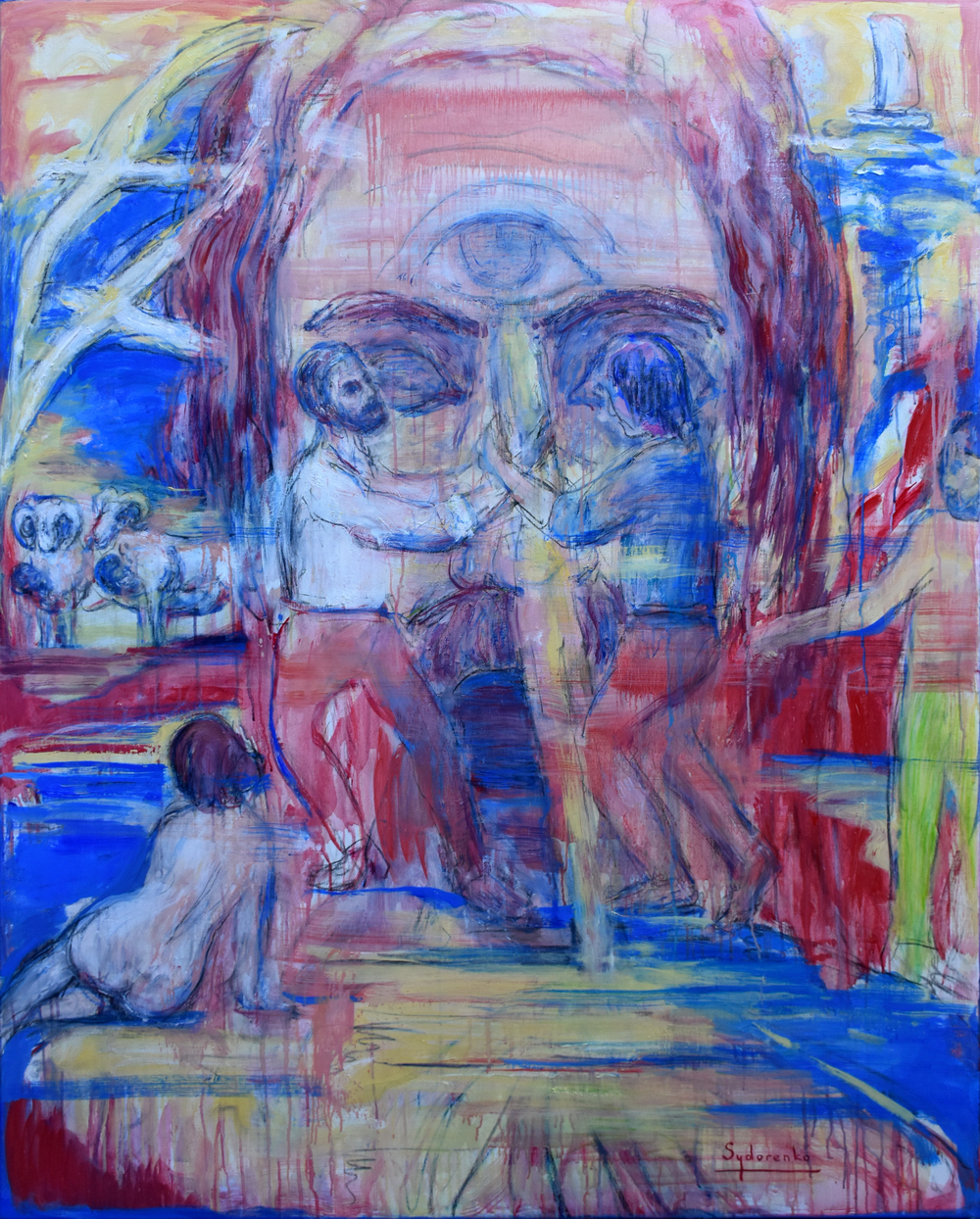 « Mon nom est Personne », huile sur toile, 150x120 cm, 2025. « Le Cyclope, Oeil-rond, est le monstre épique par excellence que tout héros doit affronter. Mais le trait singulier de l’Odyssée est le rapport au nom qu’Ulysse se donne. Mon nom est « Personne », Outis, dit-il au Cyclope, qui hurle ensuite à ses congénères que « personne » l’a aveuglé. « À ces mots, ils s’en vont et mon coeur riait. C’est mon nom de Personne qui les avait trompés, et mon esprit perçant » (chant IX). Mêtis, l’esprit perçant, la ruse, c’est presque le même mot que Outis, personne. Deux manières de dire « Pas quelqu’un », avec les deux négations que possède le grec, une négation de fait, ou, et une négation de droit, mê. Un jeu de mots fondateur sur le nom comme signifiant. Puis lorsque son vaisseau s’éloigne, Ulysse se déclare « Ulysse, fils de Laërte », et c’est comme tel qu’il sera maudit. » Avoir un nom – Le Cyclope. L’Odyssée au Louvre : Un roman graphique, Barbara Cassin.